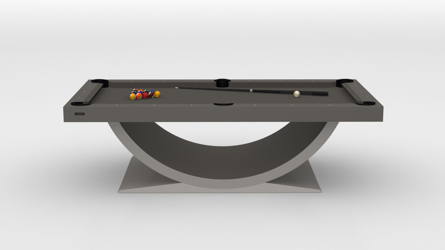 The Theseus Pool Table - Outdoor is a sleek, modern luxury game table with a curved base and smooth gray surface, featuring colorful billiard balls arranged in a triangle and an elegantly placed cue stick.