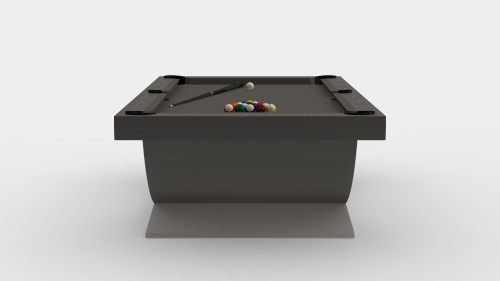 The Theseus Pool Table - Outdoor offers a luxurious gaming experience with a gray pool surface, sleek black cue stick, and pristine white cue ball, beautifully arranged in front of vibrant colored pool balls for an elegant match.