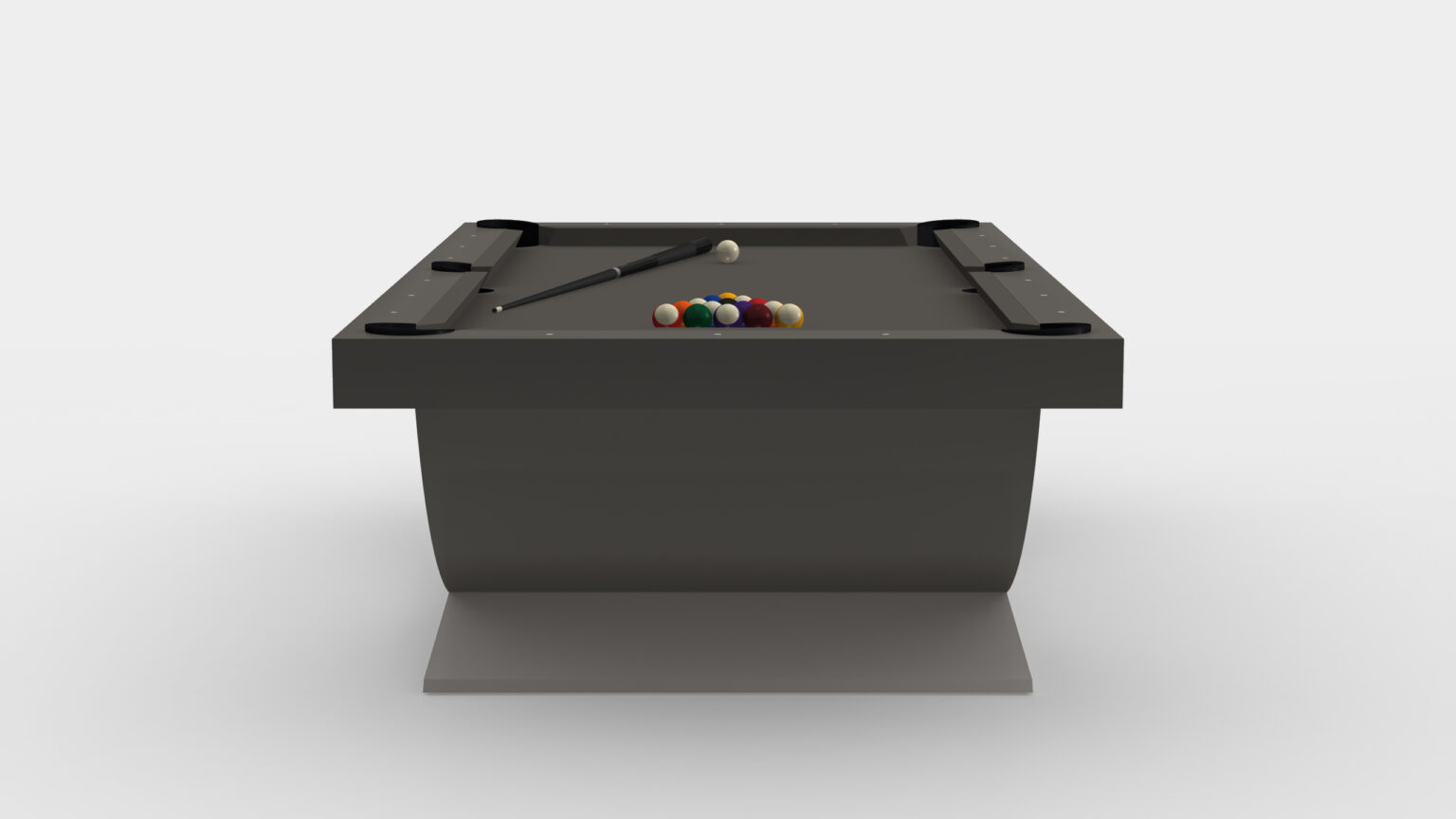 The Theseus Pool Table - Outdoor offers a luxurious gaming experience with a gray pool surface, sleek black cue stick, and pristine white cue ball, beautifully arranged in front of vibrant colored pool balls for an elegant match.