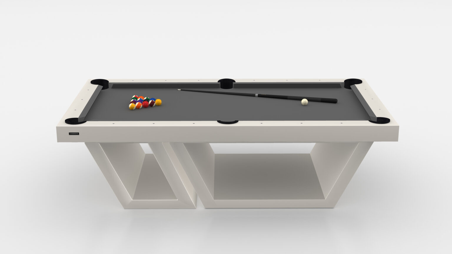 The Titan Pool Table - Outdoor is a luxurious modern piece with an artistic white zigzag design. It sports a gray felt surface adorned with colorful billiard balls, a cue stick, and a white cue ball against a plain white background.
