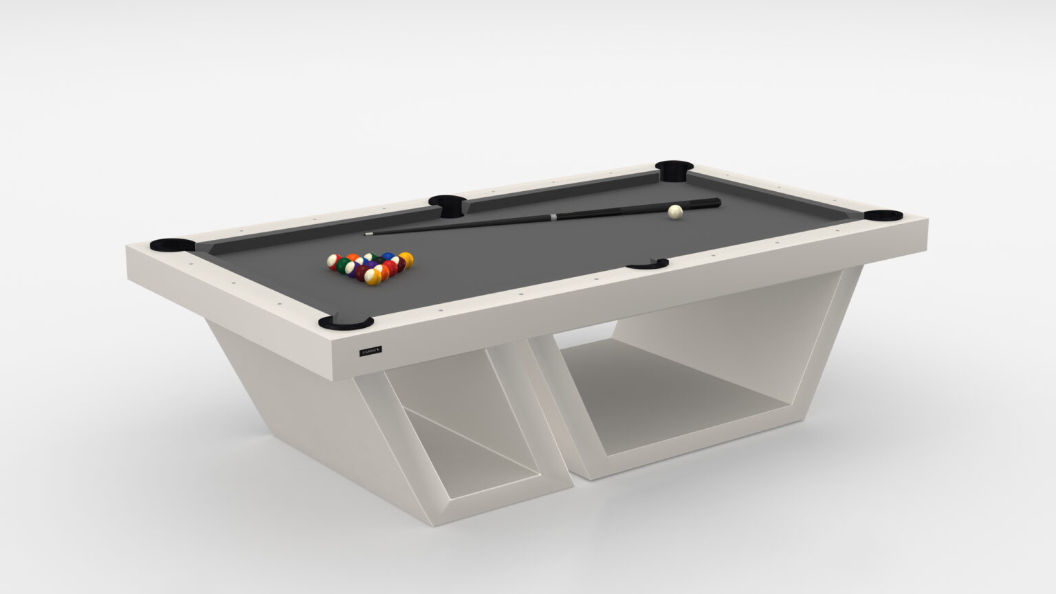 The Titan Pool Table - Outdoor is a modern white luxury game table with a sleek, angular base and a grey playing surface. It has pool balls neatly racked at one end and includes a cue stick and cue ball thoughtfully positioned on the table.