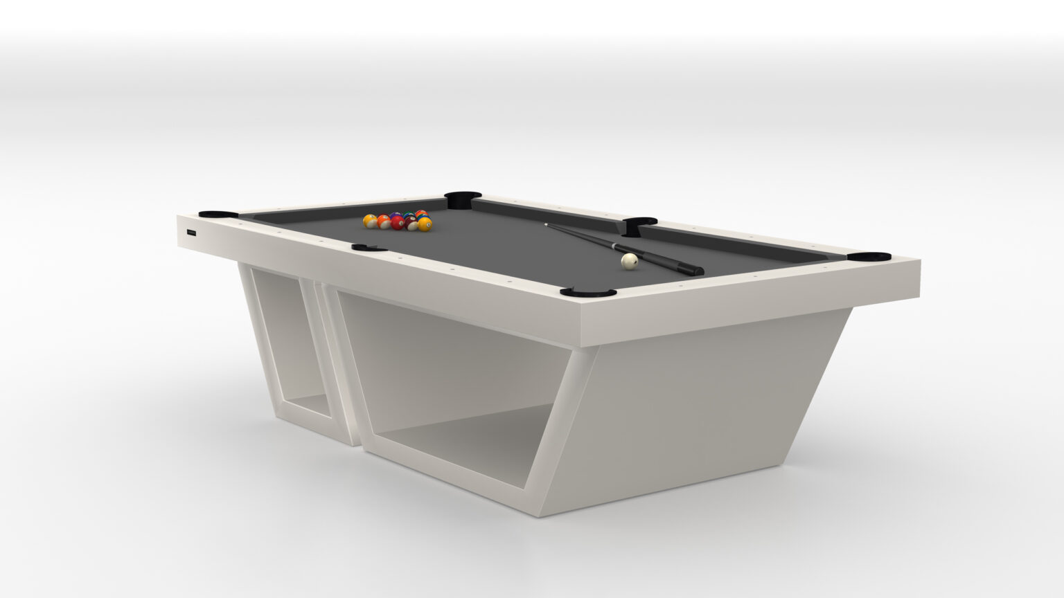 The Titan Pool Table - Outdoor is a modern and luxurious white billiards table featuring a sleek design and black playing surface, elegantly displaying several billiard balls, a cue stick, and a white cue ball.