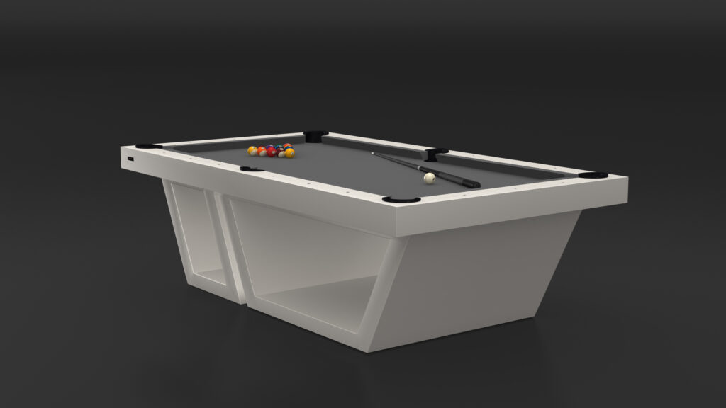 The Titan Pool Table - Outdoor showcases a modern white design with a sleek, geometric base, set against a dark background. This luxury game table includes billiard balls and a cue stick elegantly arranged on the gray playing surface.