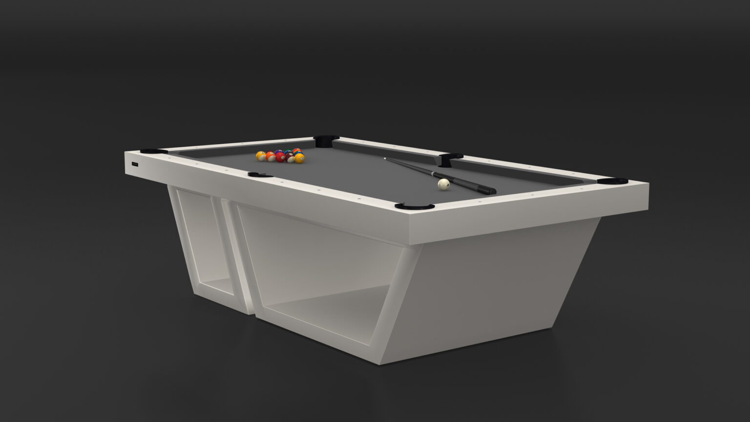 The Titan Pool Table - Outdoor showcases a modern white design with a sleek, geometric base, set against a dark background. This luxury game table includes billiard balls and a cue stick elegantly arranged on the gray playing surface.