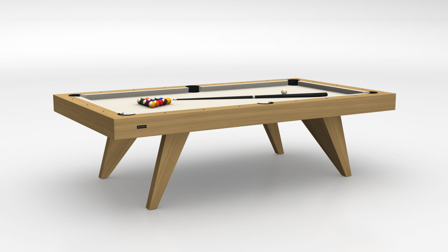 The Trigon Pool Table - Outdoor, with its modern wooden design and sleek, angular legs against a neutral background, exudes sophistication. This luxurious game table comes with pool balls impeccably racked and ready for play.