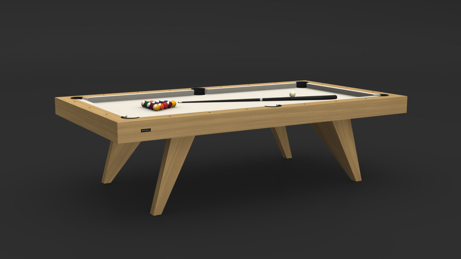 The Trigon Pool Table - Outdoor, showcasing a luxury modern design, features a light wood finish and pristine white surface. Pool balls are neatly arranged in a triangle at one end, offering striking contrast against the dark backdrop.