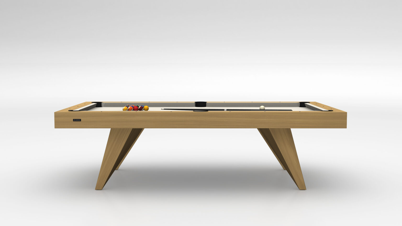 The Trigon Pool Table - Outdoor features a sleek, modern design with a light wood finish. It epitomizes luxury with its minimalist aesthetic, showcased in a bright room with neatly arranged cues and balls on the surface.
