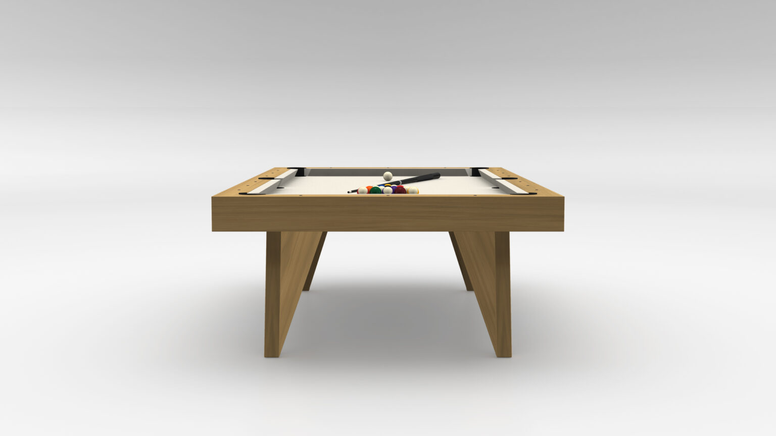 The Trigon Pool Table - Outdoor offers a luxurious gaming experience with its wooden design and beige surface, viewed from one end. Pool balls are neatly racked at the center with a cue stick resting across them, set against a plain, light-colored background that enhances its elegance.