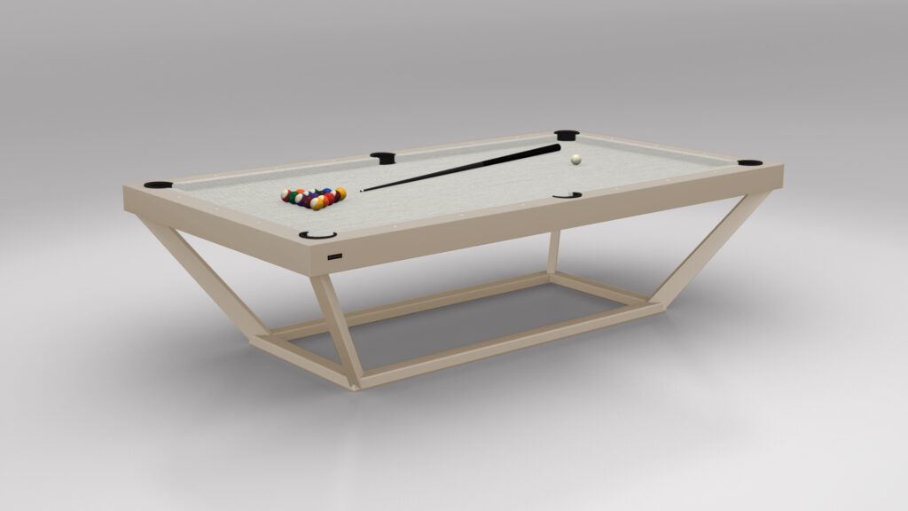 The Vitro Pool Table - Outdoor, in modern beige with a sleek angular base, stands ready on a plain background. It exemplifies luxury game tables with its cue stick and racked set of colorful billiard balls gracing its surface, showcasing a white cue ball for play.