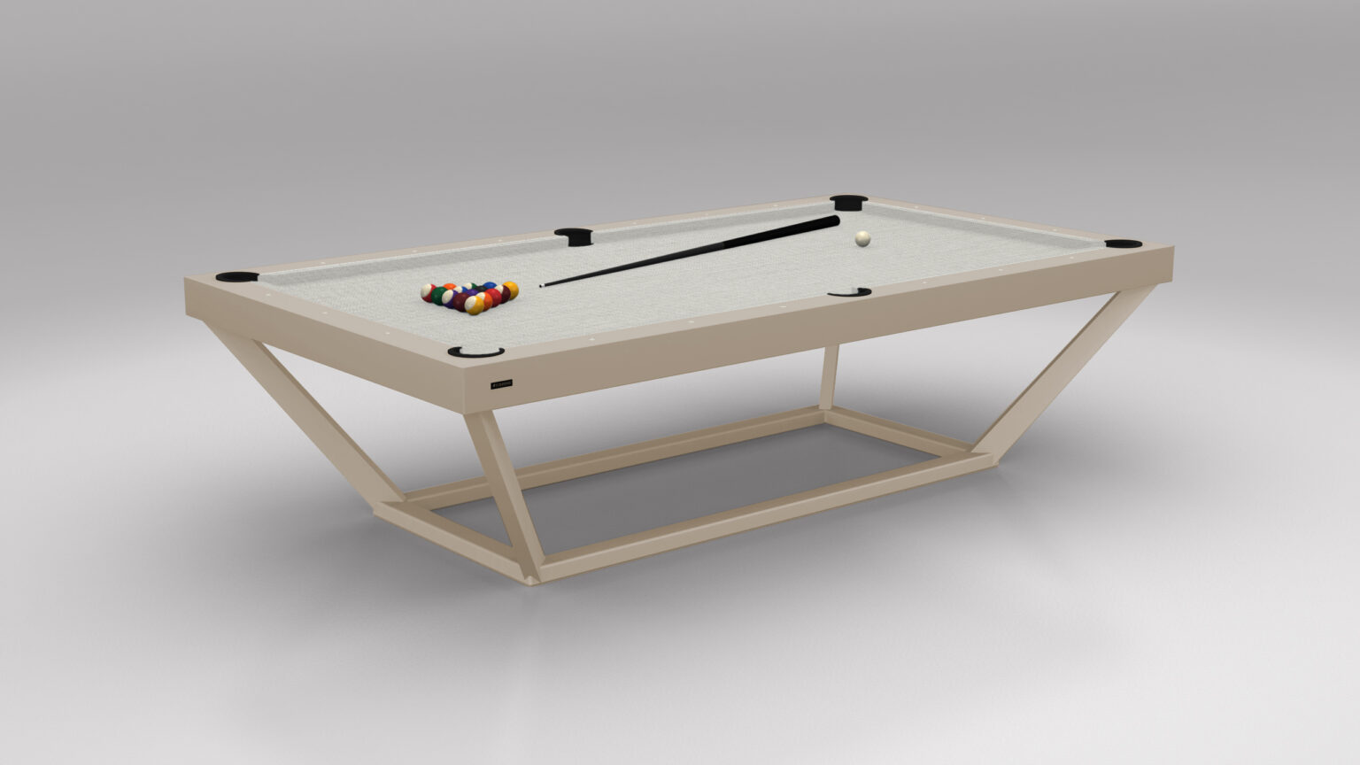 The Vitro Pool Table - Outdoor, in modern beige with a sleek angular base, stands ready on a plain background. It exemplifies luxury game tables with its cue stick and racked set of colorful billiard balls gracing its surface, showcasing a white cue ball for play.