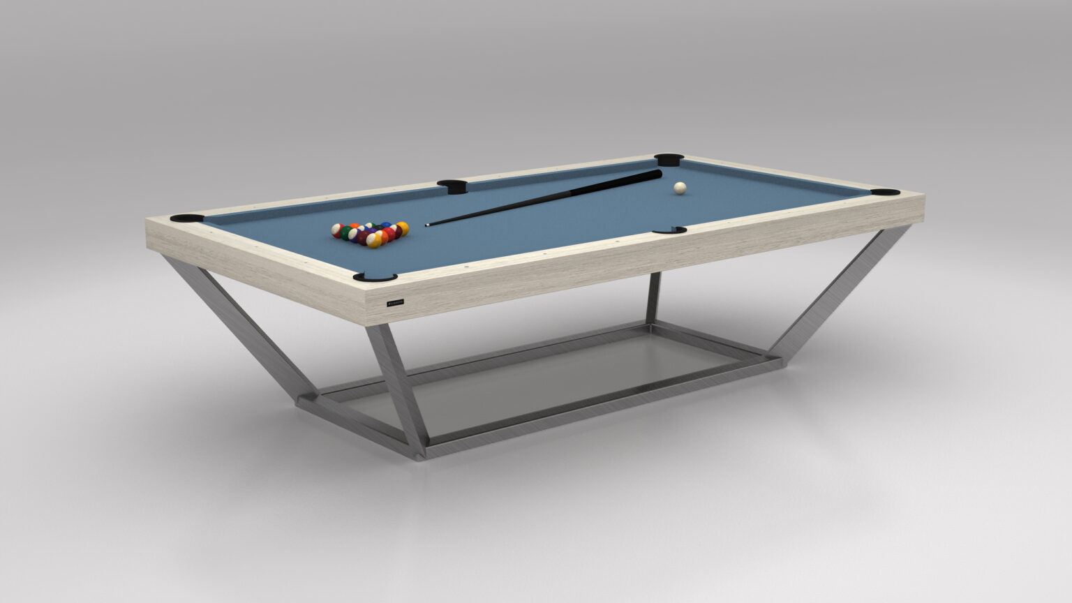 The Vitro Pool Table - Outdoor features a sleek, angular metal frame and light wooden edge, epitomizing luxury. Its blue felt surface is ready for play with a cue stick, racked billiard balls, and a cue ball.