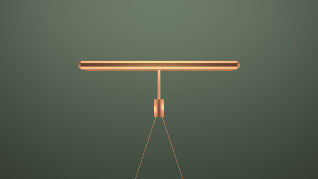 The Folio Pendant Light features a sleek, minimalist design with a horizontal cylindrical fixture and slim pole. Set against a green background, it exudes the elegance of luxury game tables with its warm golden glow.