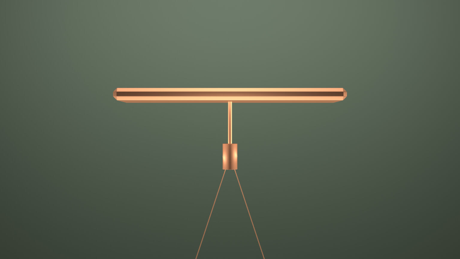 The Folio Pendant Light features a sleek, minimalist design with a horizontal cylindrical fixture and slim pole. Set against a green background, it exudes the elegance of luxury game tables with its warm golden glow.