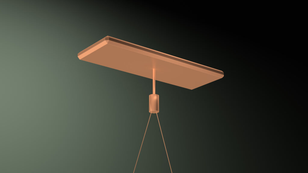 The Folio Pendant Light features a minimalist design with a rectangular copper shade suspended from a cord. Its luxury game table reminiscent style contrasts beautifully against the dark green gradient background, infusing understated sophistication.