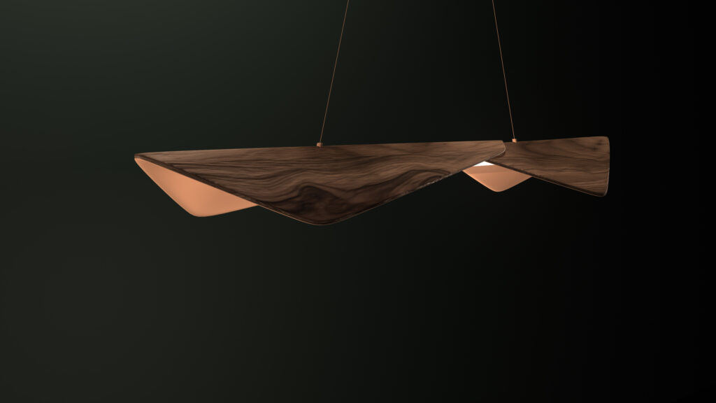 The Folio Pendant Light, featuring a sculptural wooden design, hangs against a dark green background, echoing the elegance of luxury game tables. Its smooth curves and natural wood grain finish provide a warm glow from below.