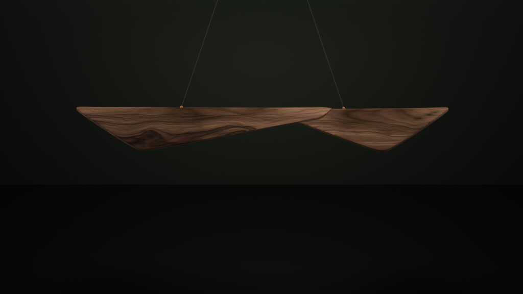 The Folio Pendant Light is a modern wooden fixture with geometric design, featuring asymmetrical triangular panels suspended by thin wires against a dark green backdrop, enhancing the sophistication of luxury game tables.