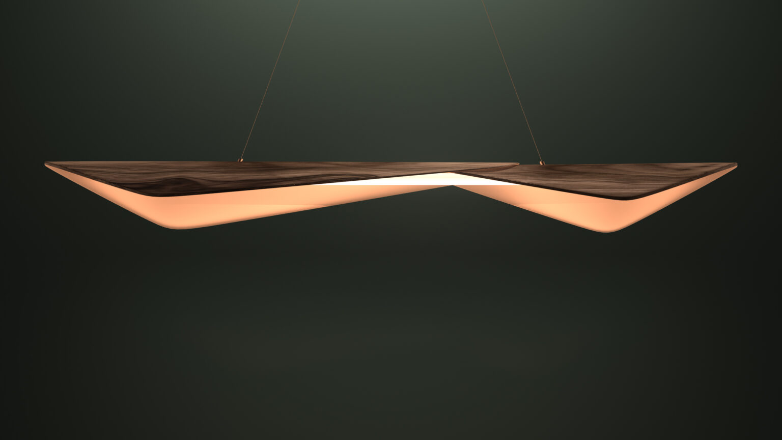The Folio Pendant Light features a twisted wooden design, emitting a warm glow against a dark green backdrop. Its sculptural shape of intertwined, elongated rectangles reflects the elegance of luxury game tables, all suspended by thin wires.