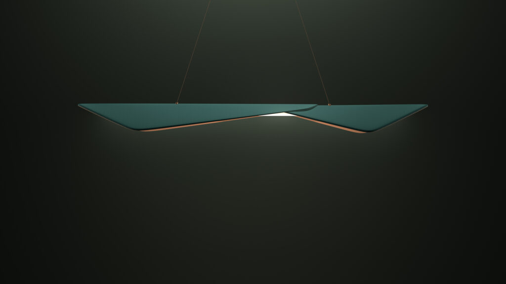 The Folio Pendant Light is a modern, minimalist piece featuring overlapping triangular shapes in dark teal, suspended by thin cords against a dark green backdrop. Its sophisticated design complements luxury game tables, blending elegance with contemporary charm.