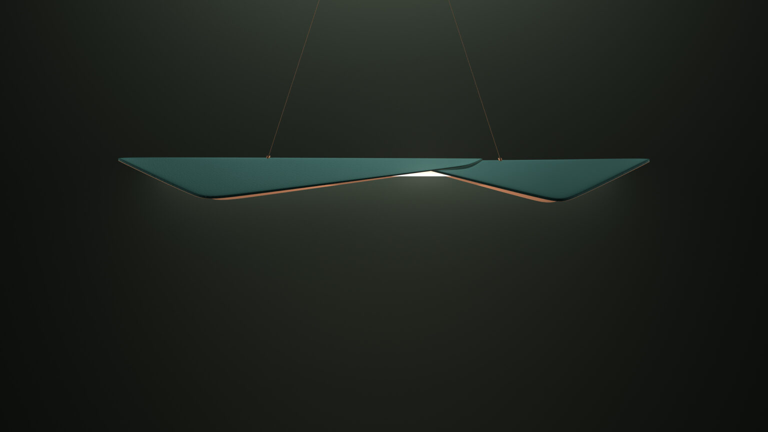 The Folio Pendant Light is a modern, minimalist piece featuring overlapping triangular shapes in dark teal, suspended by thin cords against a dark green backdrop. Its sophisticated design complements luxury game tables, blending elegance with contemporary charm.