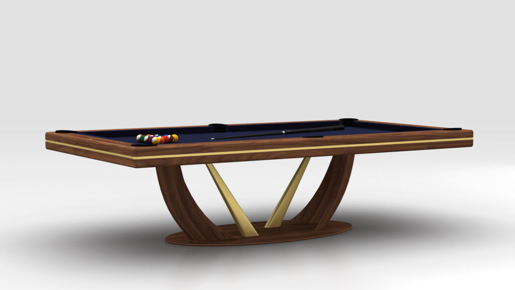 The Rubinacci Pool Table showcases a chic modern billiards design with a sleek dark surface, wooden frame, and gold accents. It rests elegantly on a distinctively curved wooden base, complete with an artful arrangement of pool balls and cues on top.