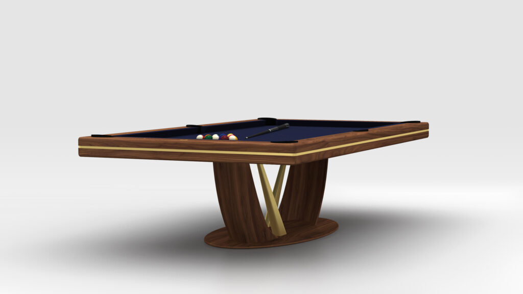 The Rubinacci Pool Table epitomizes luxury with its modern wooden body, gold accents, sleek design, unique curved base, and dark blue playing surface. It is artfully arranged with billiard balls and a cue stick.
