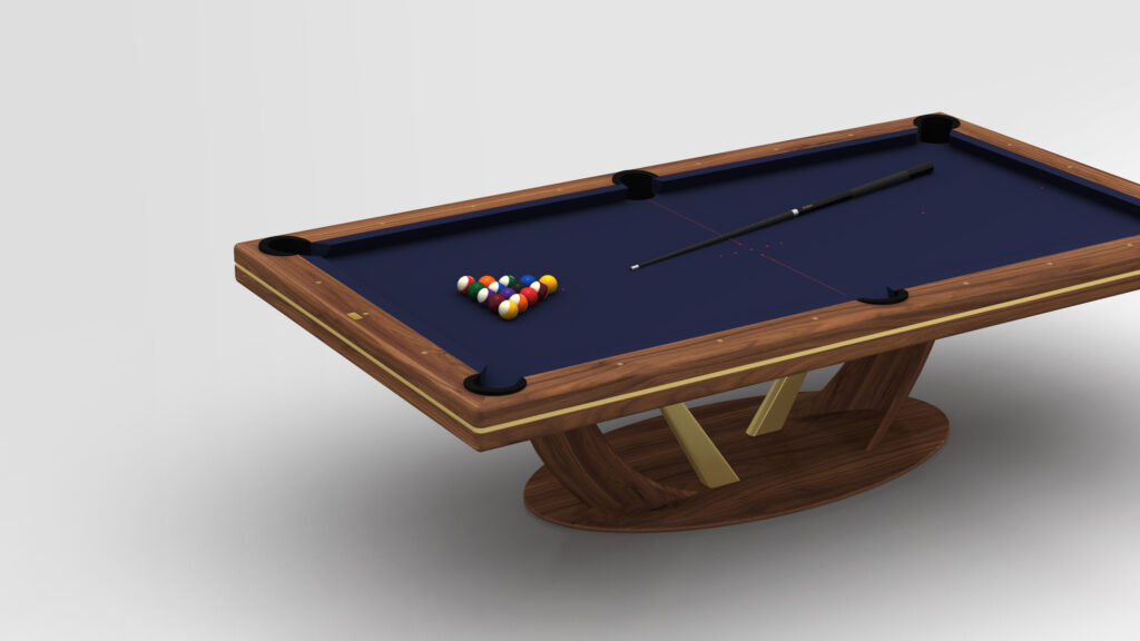 The Rubinacci Pool Table is shown with a dark blue felt surface. Billiard balls are neatly racked in a triangle on one side, and a cue stick rests diagonally across its modern, stylish wooden design.