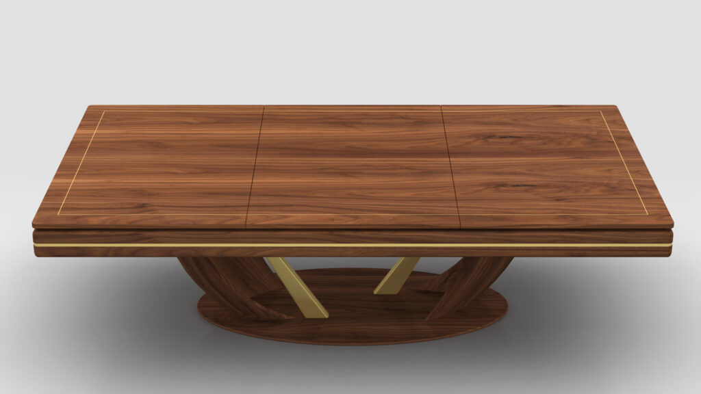 The Rubinacci Pool Table is a luxury wooden table featuring a rectangular top with decorative golden accents. It boasts a unique sculptural base with a circular bottom and two intersecting vertical supports, highlighting its prominent wood grain for an elegant, sophisticated look.