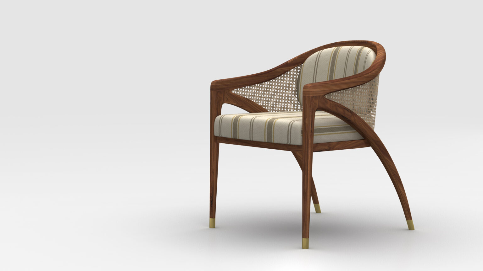 A modern wooden chair with curved arms and tapered legs features a light-colored, striped cushioned seat and backrest, plus woven rattan sides. Brass-tipped legs complement luxury settings and perfectly pair with the Rubinacci Pool Table.