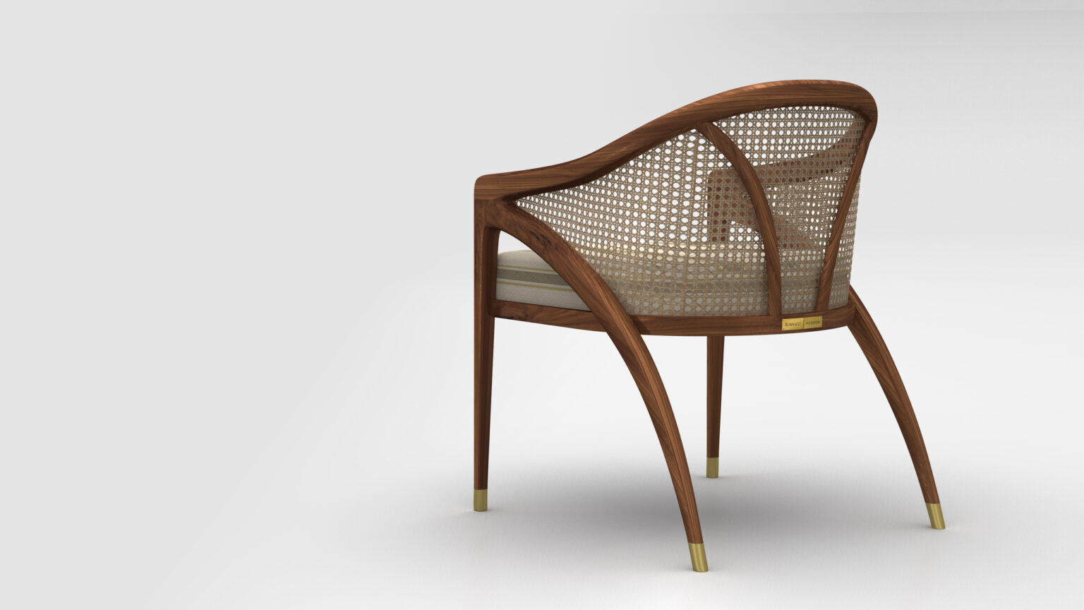 The Rubinacci Pool Table exudes luxury with its curved wooden features and woven cane detailing, complemented by slender, tapered legs with elegant metal caps. The sophisticated look is enhanced by a padded beige seat, set against a plain light gray background.