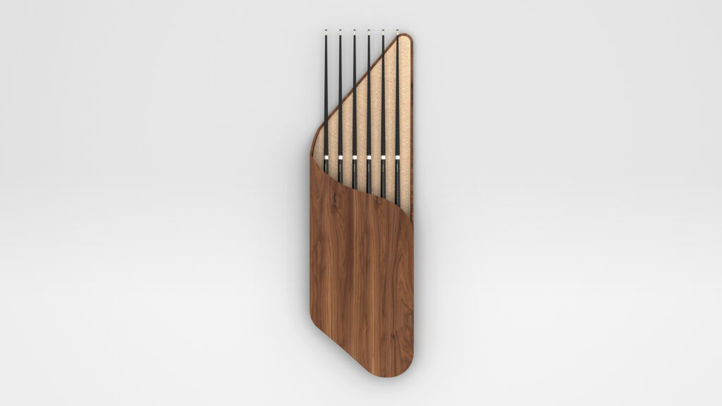 A luxurious wall-mounted coat rack featuring six black vertical metal rods partially covered by a wooden panel. With its asymmetrical design and clean lines, it stylishly echoes the elegance of a Rubinacci Pool Table, mounted on a light gray wall.