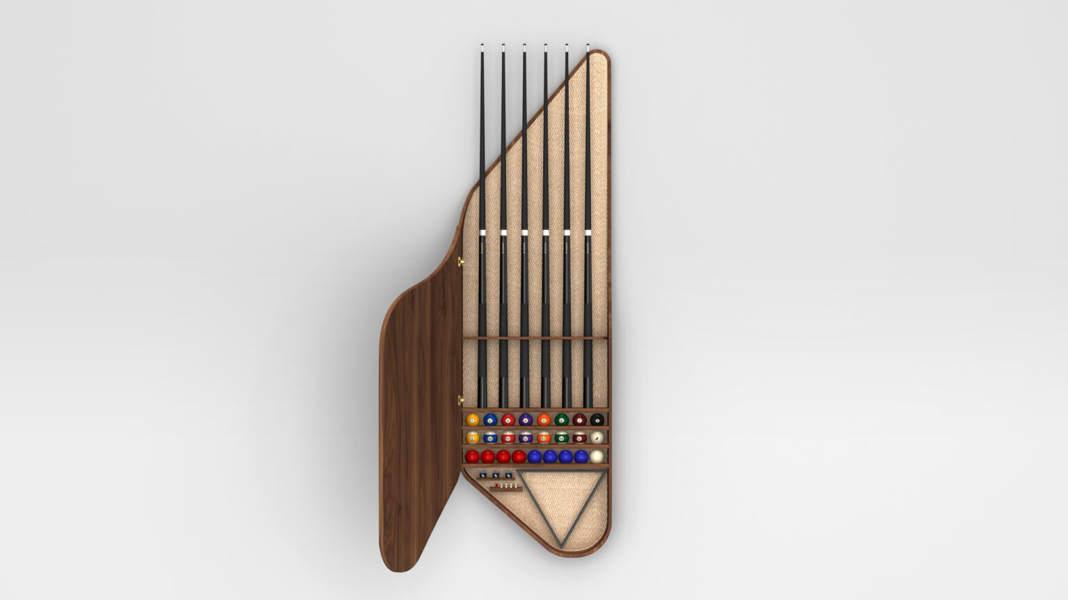 The Rubinacci Pool Table features a vertical, wall-mounted cue rack shaped like a grand piano. It offers luxury with billiard cue holders and ball storage in a wooden frame. The wood-lined exterior and beige interior elegantly accentuate any room with high-end game tables.
