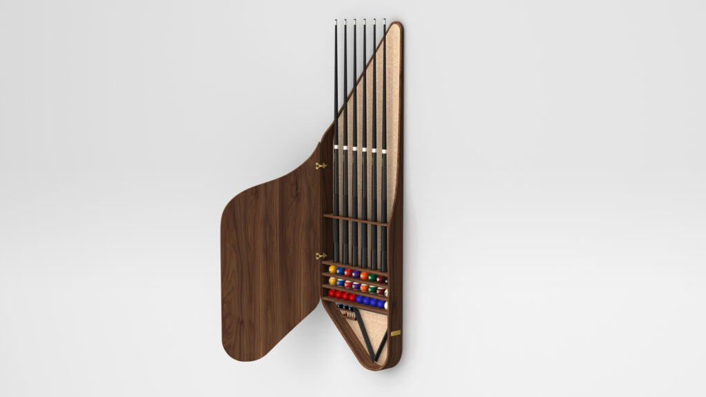 The Rubinacci Pool Table is beautifully complemented by a wall-mounted triangular wooden cabinet featuring a foldable door, ideal for storing pool cues and vibrantly colored billiard balls against a plain light background.