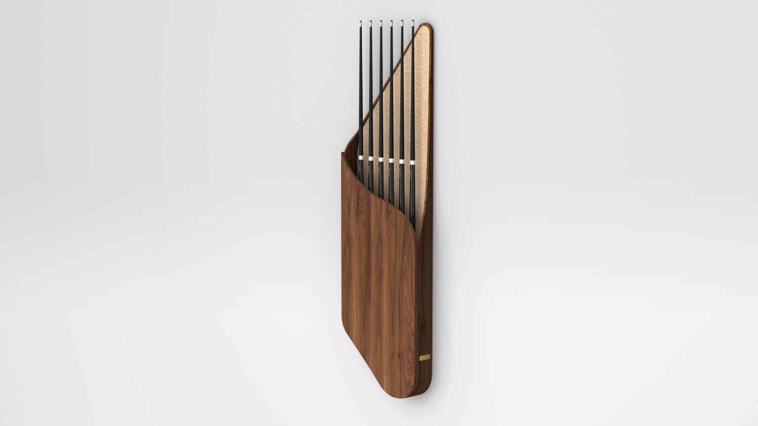 The Rubinacci Pool Tables modern wall-mounted wooden rack elegantly holds pool cues, complementing luxury game tables. It boasts a sleek vertical design with a curved front, contrasting dark and light wood tones, set against a pristine white background.
