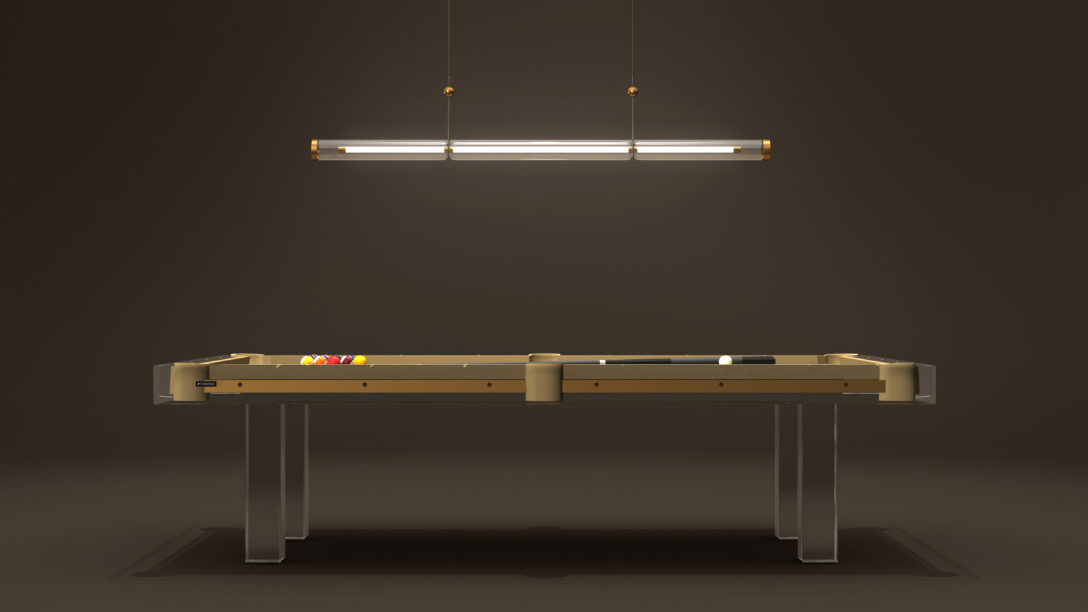 Centered under a minimalist Cenere Pendant Light is a modern, luxury game table with a sleek beige design and glass legs. It holds pool balls and cues, all set against a dark background.