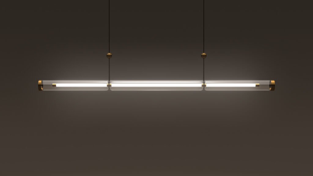 The Cenere Pendant Light is a sleek, contemporary fixture with a long cylindrical design and glowing tube. Suspended from a dark ceiling by thin wires, it features gold accents at each end and emits warm, even light, adding an elegance reminiscent of luxury game tables.