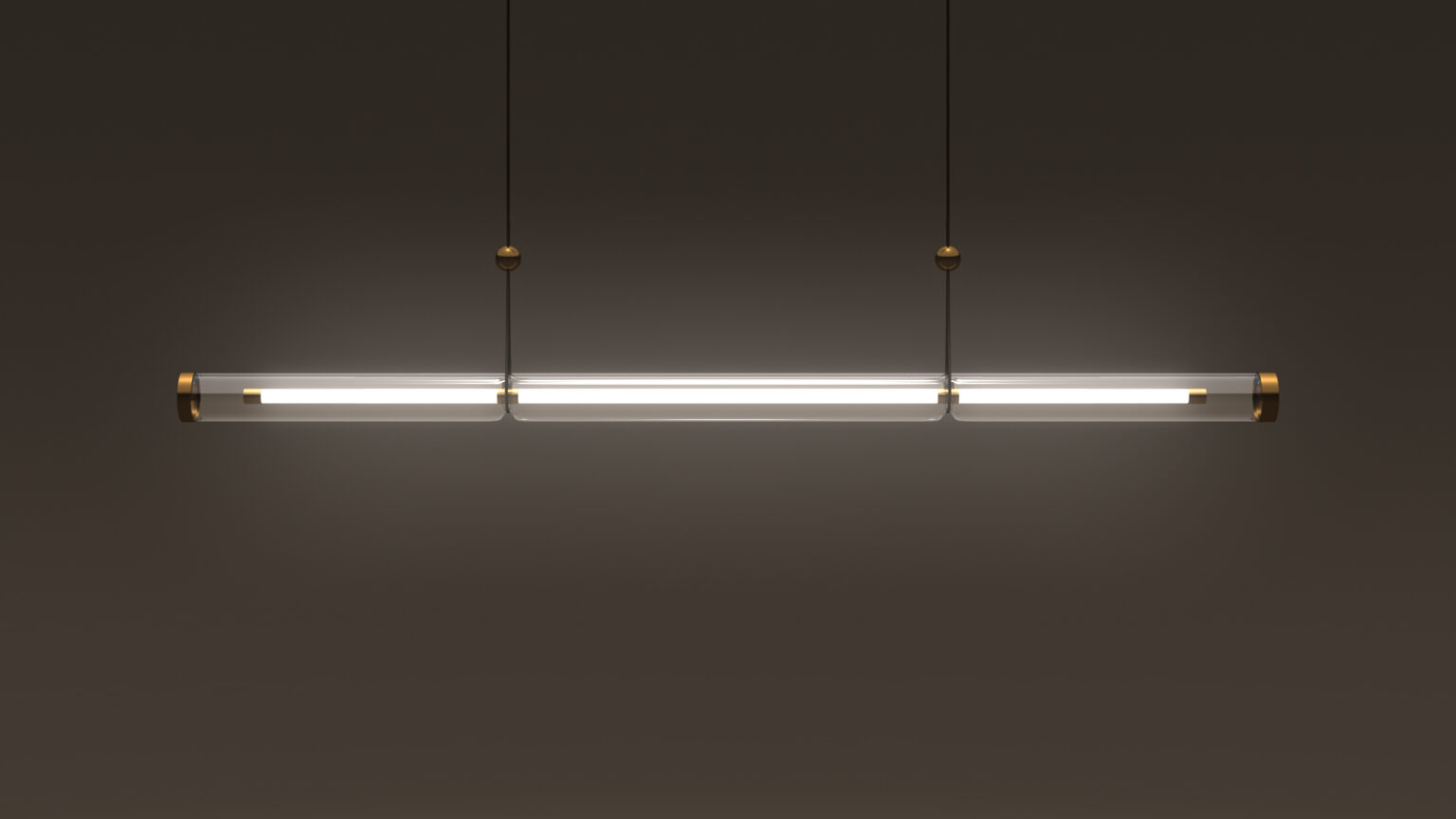 The Cenere Pendant Light is a sleek, contemporary fixture with a long cylindrical design and glowing tube. Suspended from a dark ceiling by thin wires, it features gold accents at each end and emits warm, even light, adding an elegance reminiscent of luxury game tables.