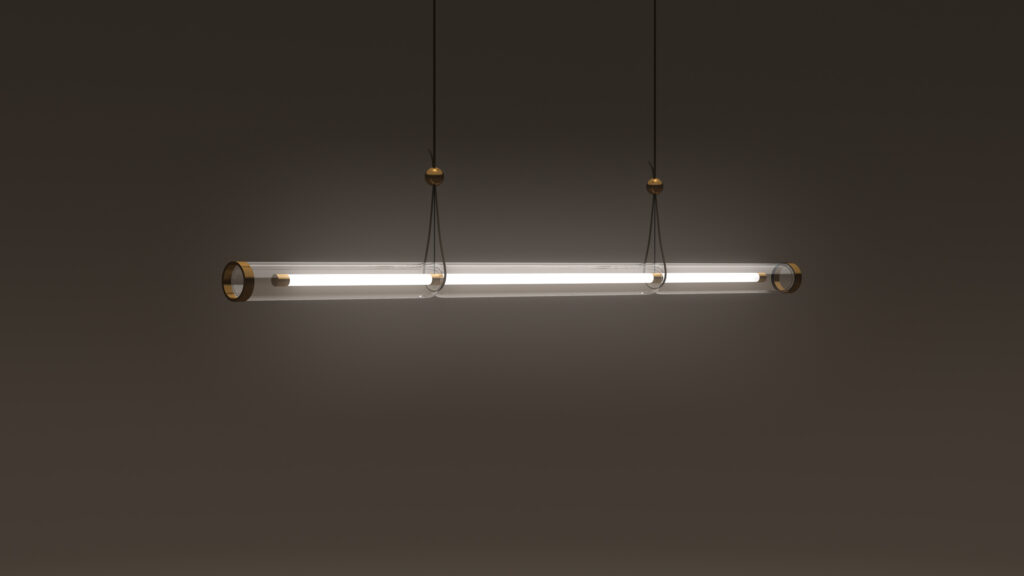 The Cenere Pendant Light is a modern, hanging tubular fixture with a transparent design suspended by two cords, emitting an elegant glow against a dark backdrop, similar to the ambiance of luxury game tables in sophisticated settings.