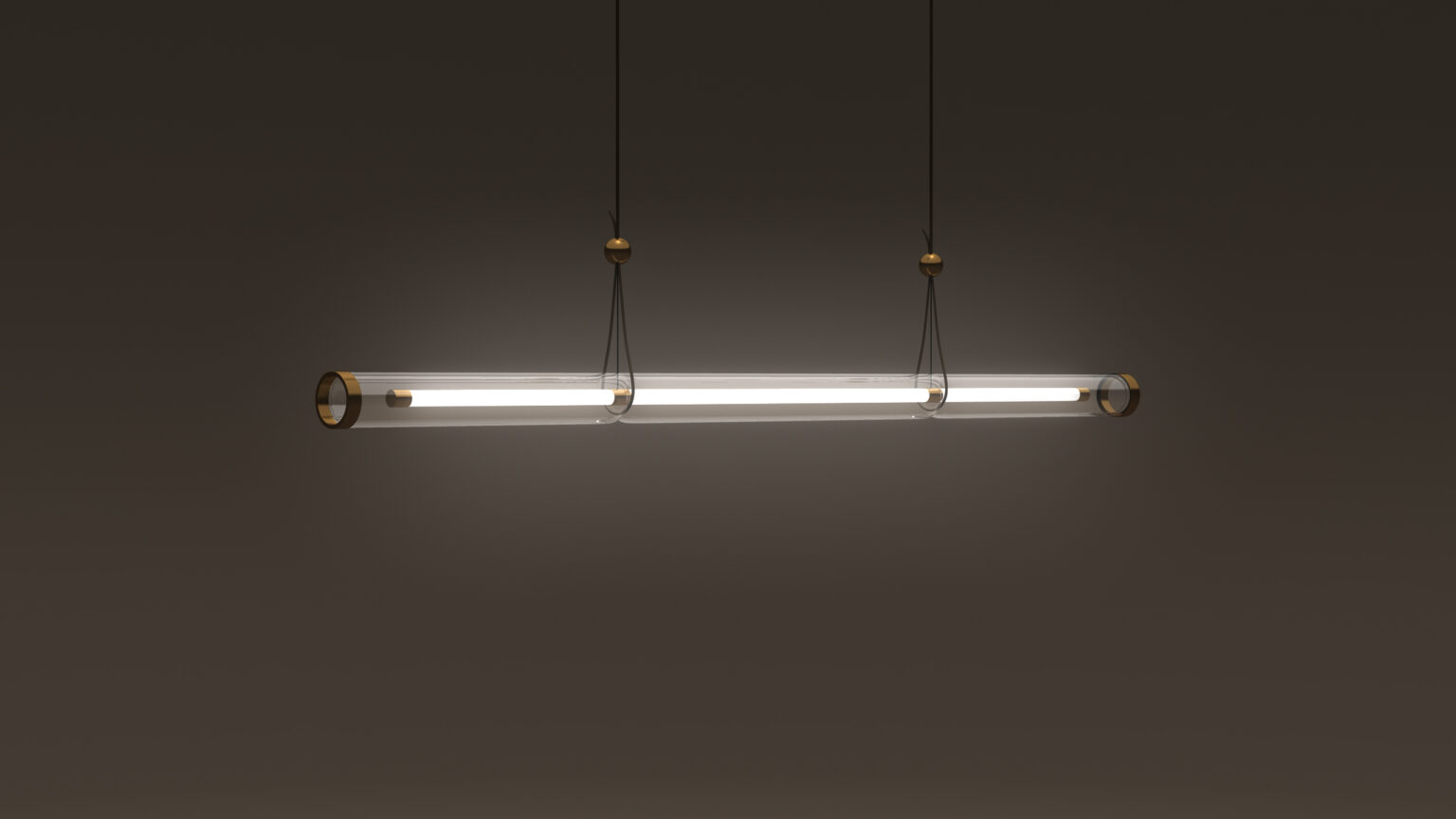 The Cenere Pendant Light is a modern, hanging tubular fixture with a transparent design suspended by two cords, emitting an elegant glow against a dark backdrop, similar to the ambiance of luxury game tables in sophisticated settings.