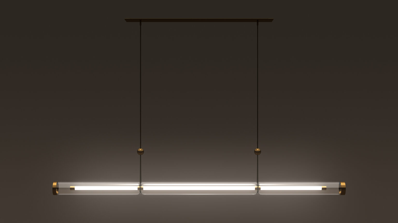 The Cenere Pendant Light is a modern fixture with a horizontal cylindrical design suspended by two thin cables. Its soft, warm glow enhances luxury game tables, creating a minimalist and elegant appearance against a dark background.