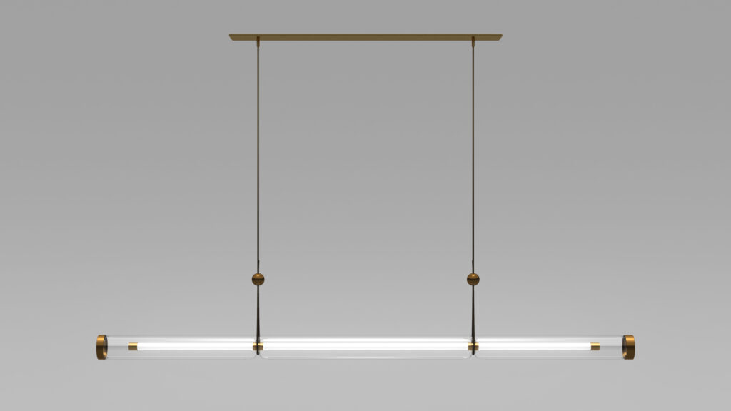 The Cenere Pendant Light is a minimalist, horizontal glass fixture with a cylindrical shape, suspended by two slim, dark rods attached to a rectangular ceiling mount. It features subtle brass accents and provides soft, diffused light, making it an ideal companion for luxury game tables.