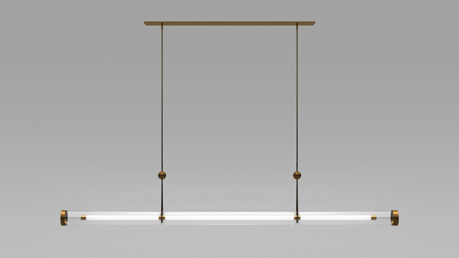 The Cenere Pendant Light is a minimalist, horizontal glass fixture with a cylindrical shape, suspended by two slim, dark rods attached to a rectangular ceiling mount. It features subtle brass accents and provides soft, diffused light, making it an ideal companion for luxury game tables.