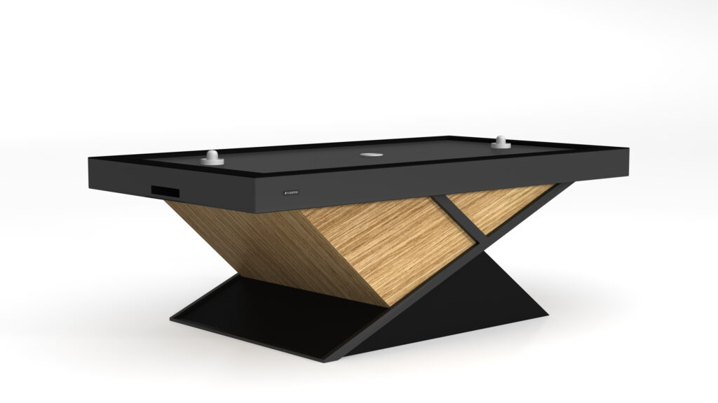 The Macan Air Hockey Table, featuring a sleek wooden pyramidal base and a black playing surface, epitomizes luxurious game tables with its minimalist design, elegantly contrasting against a white background, making it an ideal centerpiece for any upscale game room.