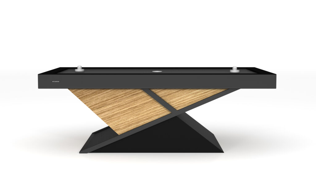 The Macan Air Hockey Table is a modern luxury game table with a sleek design, featuring a black frame and wooden geometric base. This minimalist table, complete with two white pucks and central goals, is perfect for elevating any space.
