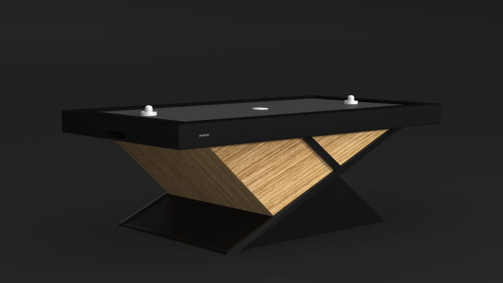 The Macan Air Hockey Table is a luxury game table with a sleek black surface and modern air hockey design, featuring two precision strikers. Its unique geometric base, light wooden panels, and diagonal black supports provide an elegant touch to any game room.