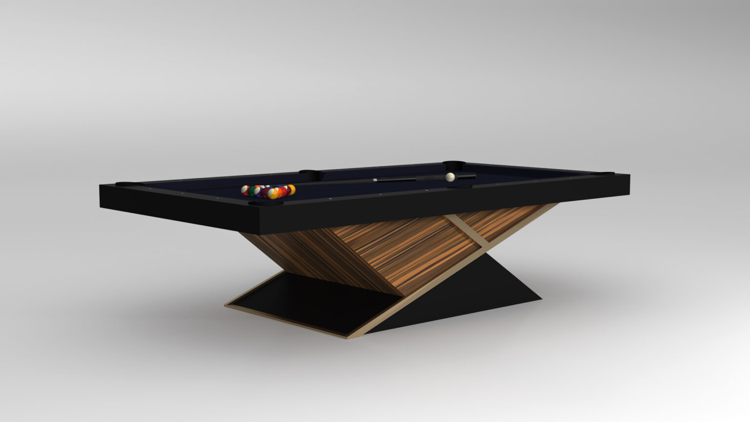 The Macan Pool Table, from our luxury game tables collection, features a unique wooden geometric diamond pattern base and a sleek black playing surface. It includes a cue stick and arranged billiard balls against a plain gray background.