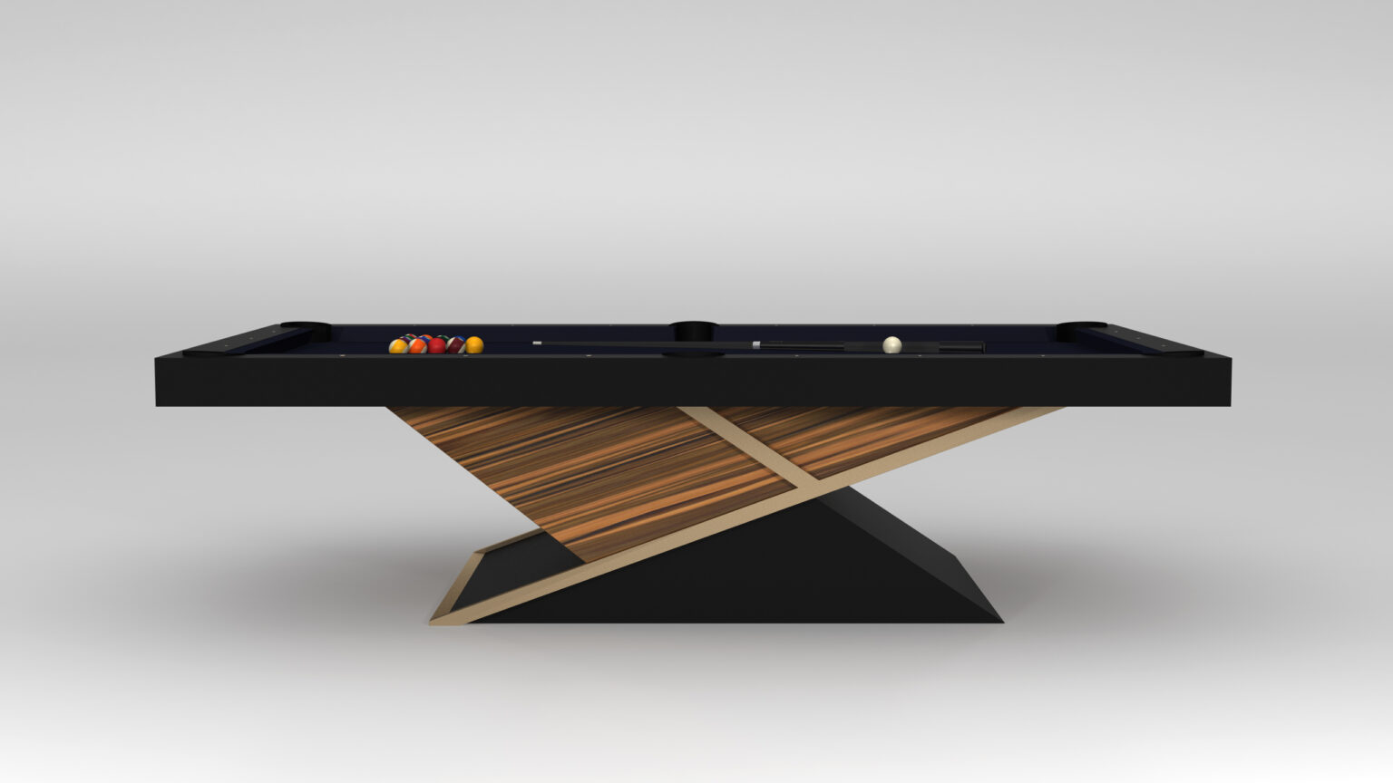 The Macan Pool Table epitomizes a luxury game table with its sleek geometric wooden base and black playing surface, complemented by neatly arranged balls and cues against a neutral gray background.
