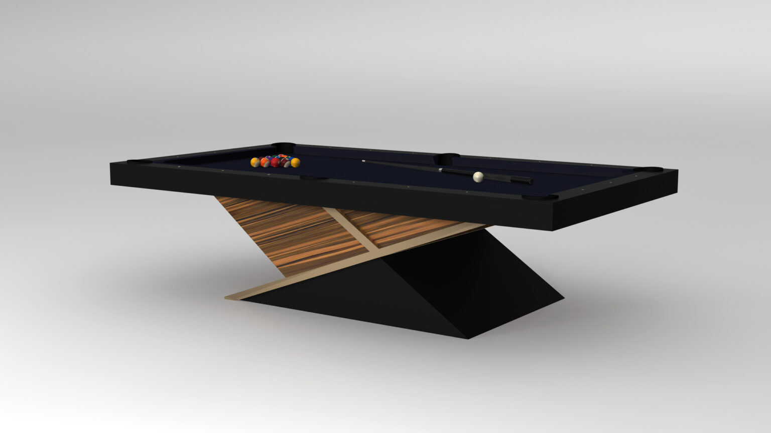 The Macan Pool Table is a luxury billiard table with a sleek design, featuring a black playing surface and a unique angular wooden base. It includes several billiard balls and two cues, all presented against a plain light gray background.