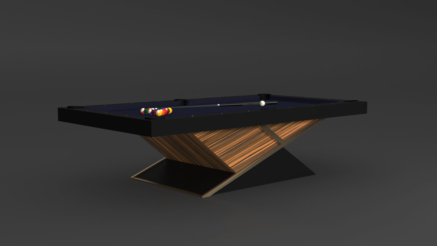 The Macan Pool Table, featuring a unique geometric wooden base, exudes luxury against a dark background. Colored balls and a cue rest invitingly on the surface, ready for an engaging game.