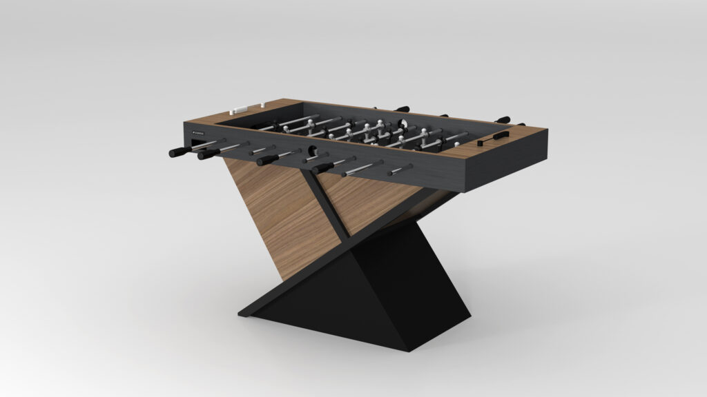 The Macan Foosball Table from our luxury game tables collection features a sleek, angled wooden base and a black and gray playing area with black handles and rods set against a light gray background for a sophisticated look.