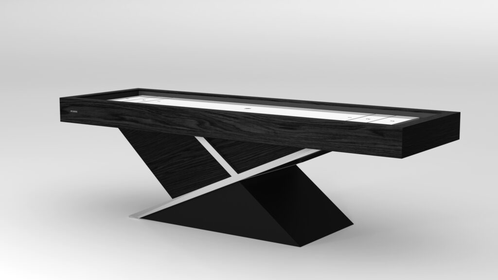 The Macan Shuffleboard Table embodies luxury, featuring a modern geometric design with crossed, angled legs. Its glossy finish and striking white playing surface contrast elegantly with the dark exterior.